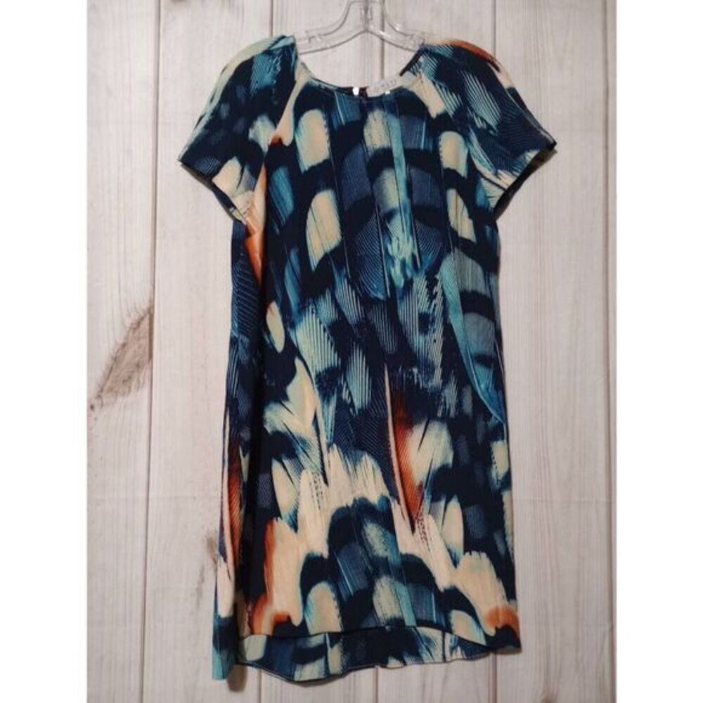 WAYF Abstract Feather Print Shift Dress‎ Blue Cream Orange Mini Size M USA Made